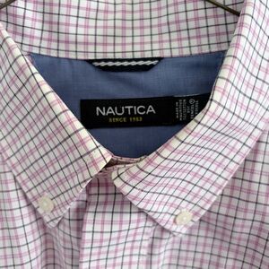 Nautica Men's Pink and White Checked Dress Shirt